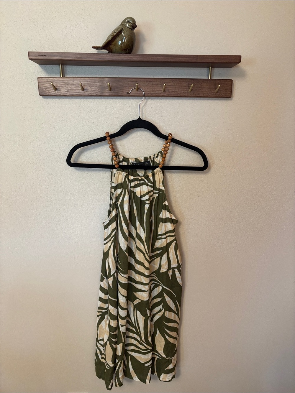 Tahari Olive Green and Cream Beaded Halter Swim Coverup